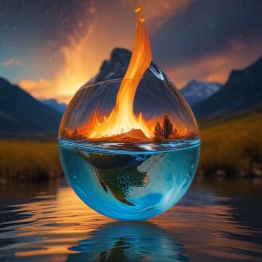 An image of earth within a droplet of fire falling through the air into water in Van Gogh style with Mountains background