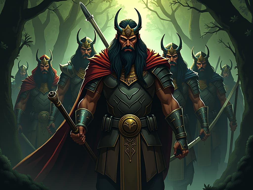  a band of legendary warriors, the fianna, in a dense, mystical forest, clad in ancient celtic armor, ready for battle, their expressions resolute and fierce. the style is digital art illustration / modern comic book / mysterious occult, symbolic, esoteric vibe,high detail on character design, incorporating ancient egyptian symbology and attire.