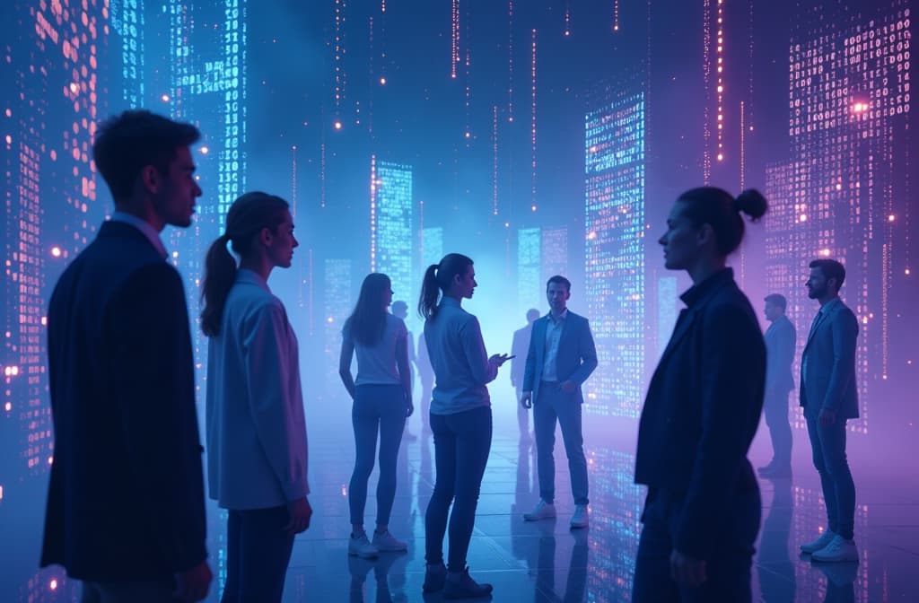  "create an imaginative scene depicting a futuristic conversation between humans and holographic ais in a vibrant digital landscape. incorporate flowing streams of binary code and glowing circuit patterns in the background, and show a diverse group of people engaging with friendly, ethereal ai avatars. use a color palette of blues and purples, with soft neon accents, to evoke a sense of advanced technology and harmonious communication." hyperrealistic, full body, detailed clothing, highly detailed, cinematic lighting, stunningly beautiful, intricate, sharp focus, f/1. 8, 85mm, (centered image composition), (professionally color graded), ((bright soft diffused light)), volumetric fog, trending on instagram, trending on tumblr, HDR 4K, 8K