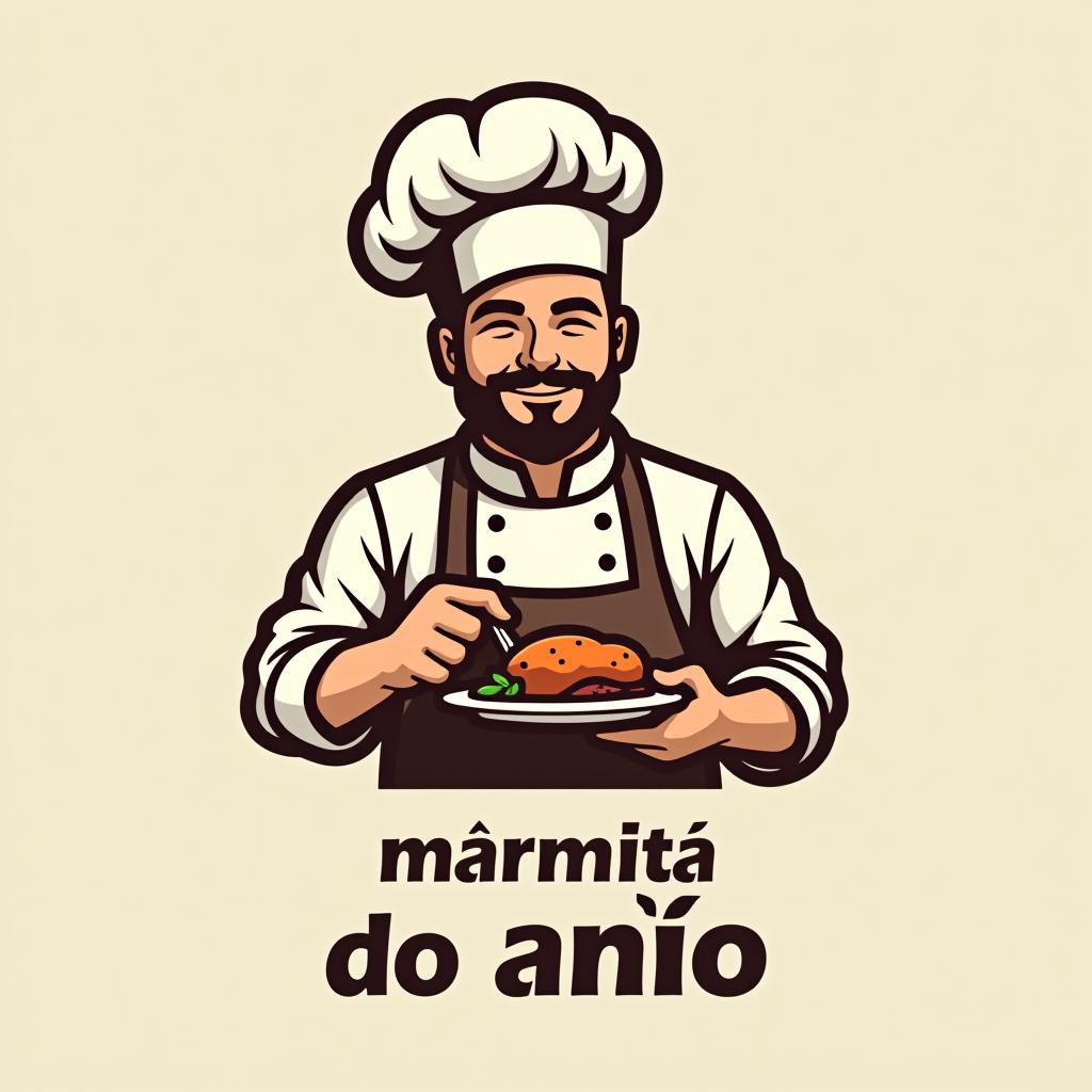  design a logo, um homem com nanismo vestido de chefe de cozinha segurando uma marmita de comida, with the text 'marmita do anão'.