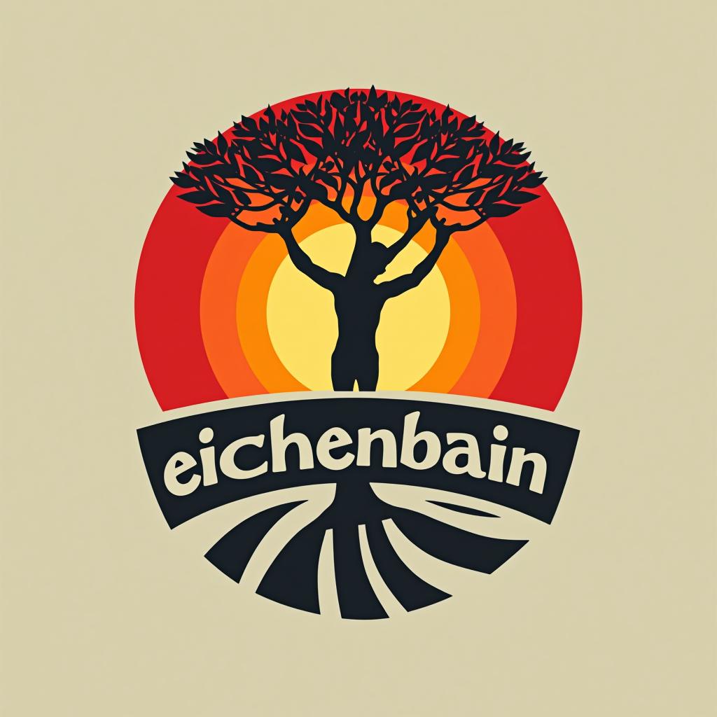  design a logo, in a geometric style. sportlicher deutscher mann unter einem eichenbaum im sonnenaufgang , with the text 'eichenbaum '.