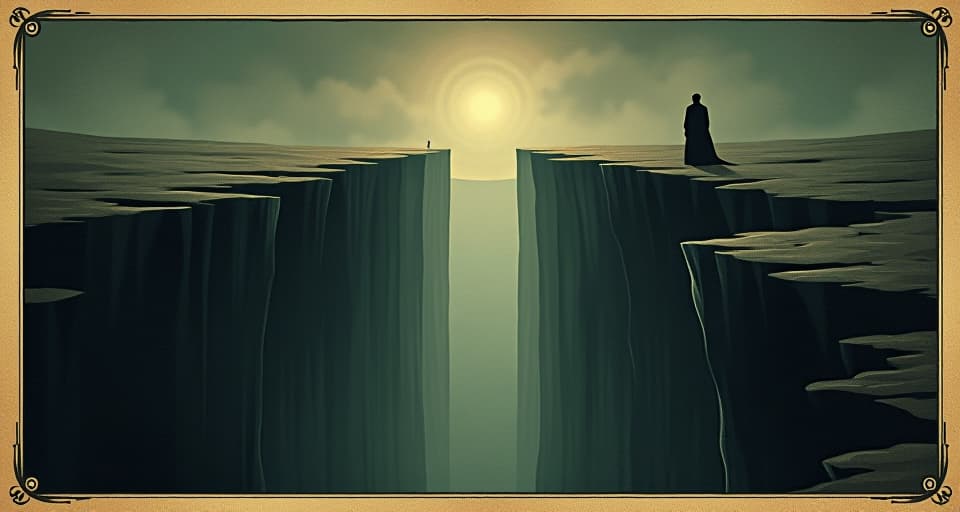  a vast rift with a figure on one side, dark shadows filling the gap, faint light in the distance, sense of separation and loneliness. an illustration in the style of a worn, mystical old tarot trump card, mysterious and elements of surrealism. the colors are muted, somber and eerie, but with contrast bring out an occult and esoteric vibe.