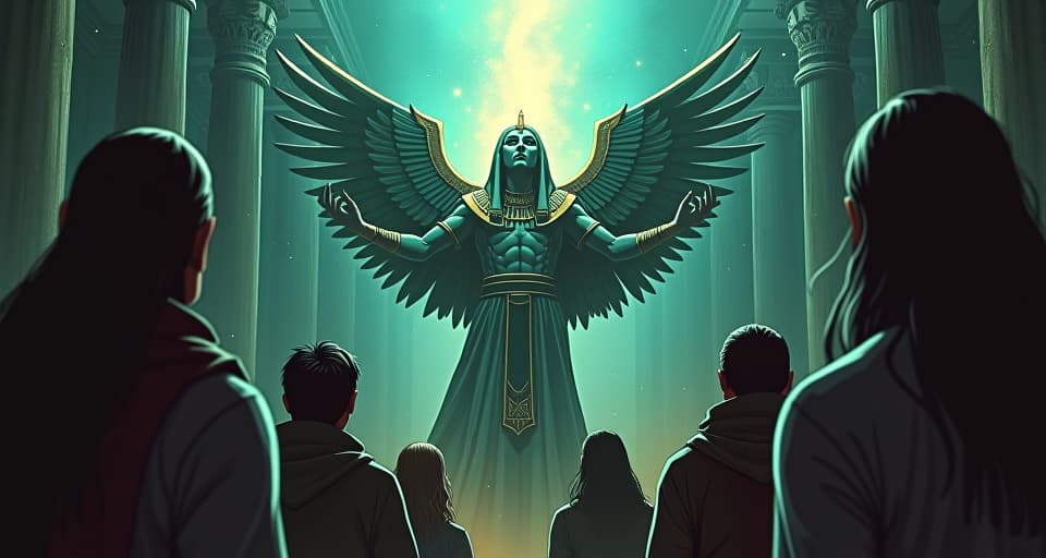  eyes of onlookers filled with fear and awe, illuminated by figure's radiance, ancient egyptian garb, atmosphere of revelation and reverence. the style is digital art illustration / modern comic book / mysterious occult, symbolic, esoteric vibe,high detail on character design, incorporating ancient egyptian symbology and attire.