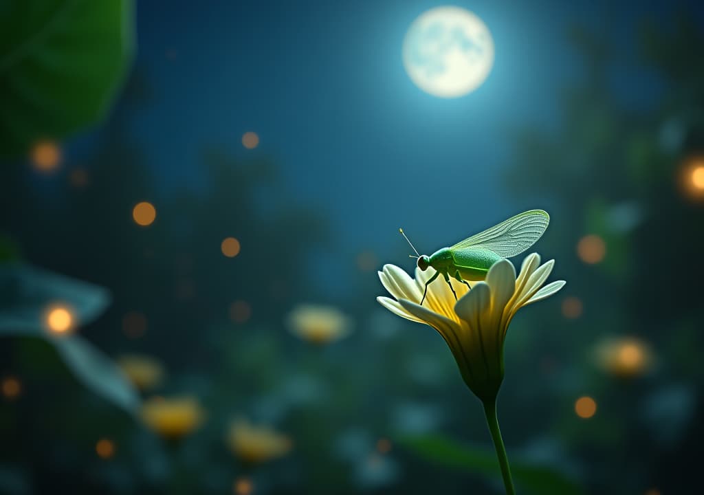  a serene, moonlit garden scene with a green lacewing perched on a delicate, dew kissed flower petal, surrounded by lush foliage and twinkling fireflies, under a starry night sky. hyperrealistic, full body, detailed clothing, highly detailed, cinematic lighting, stunningly beautiful, intricate, sharp focus, f/1. 8, 85mm, (centered image composition), (professionally color graded), ((bright soft diffused light)), volumetric fog, trending on instagram, trending on tumblr, HDR 4K, 8K