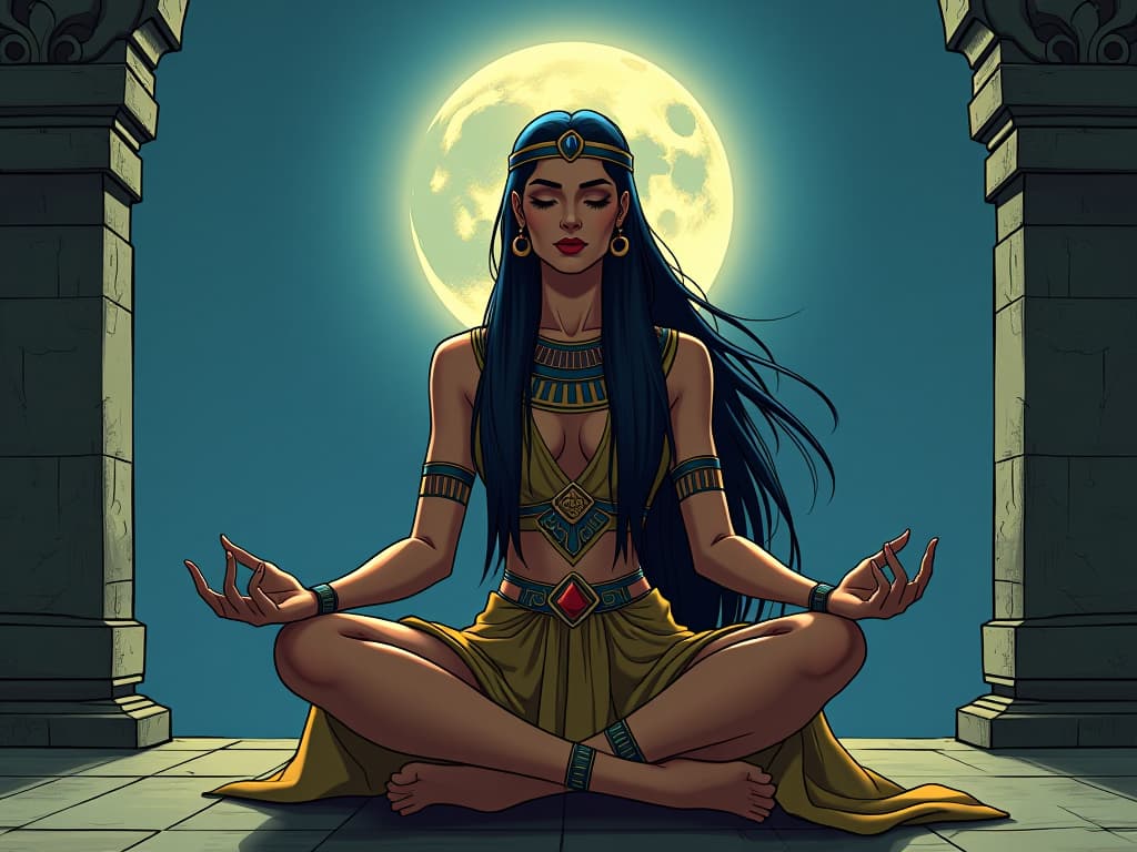  woman in ancient egyptian attire, sitting cross legged on a stone terrace under the full moon, meditative posture, serene aura. the style is digital art illustration / modern comic book / mysterious occult, symbolic, esoteric vibe,high detail on character design, incorporating ancient egyptian symbology and attire.