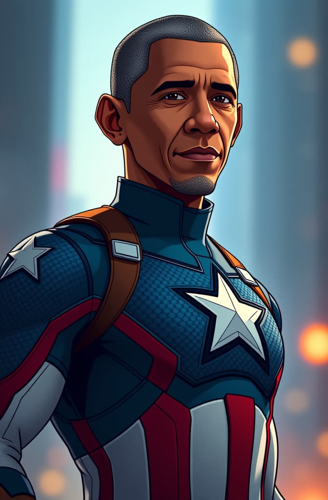  obama dressed in captain america's outfit, marvel comic panel, dc animated comic panel, comic panel, manga and manhwa style panel, portrait, young person face, style for marvel comic, anime comic panel style hyperrealistic, full body, detailed clothing, highly detailed, cinematic lighting, stunningly beautiful, intricate, sharp focus, f/1. 8, 85mm, (centered image composition), (professionally color graded), ((bright soft diffused light)), volumetric fog, trending on instagram, trending on tumblr, hdr 4k, 8k