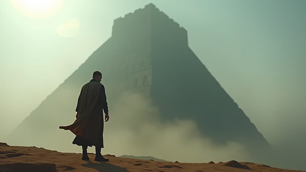  a visual metaphor for humility, depicting a small figure next to the enormous tower of babel, emphasizing the grandeur and insignificance of man. hyperrealistic, full body, detailed clothing, highly detailed, cinematic lighting, stunningly beautiful, intricate, sharp focus, f/1. 8, 85mm, (centered image composition), (professionally color graded), ((bright soft diffused light)), volumetric fog, trending on instagram, trending on tumblr, HDR 4K, 8K