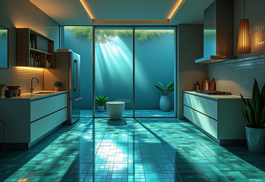  a landscape photo of a contemporary kitchen featuring recycled glass tile flooring in a mosaic pattern of blues and greens. the tiles catch and reflect light, creating a shimmering, oceanic effect hyperrealistic, full body, detailed clothing, highly detailed, cinematic lighting, stunningly beautiful, intricate, sharp focus, f/1. 8, 85mm, (centered image composition), (professionally color graded), ((bright soft diffused light)), volumetric fog, trending on instagram, trending on tumblr, HDR 4K, 8K