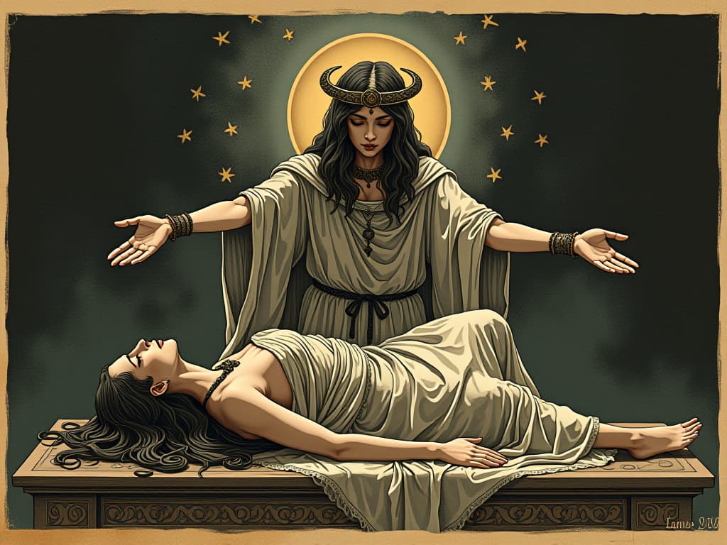  isis extending her hands over a figure lying on an altar, ancient healing ritual, serene expression, blend of earthly and divine. an illustration in the style of a worn, mystical old tarot trump card, mysterious and elements of surrealism. the colors are muted, somber and eerie, but with contrast bring out an occult and esoteric vibe.