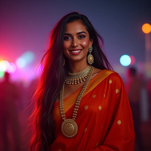  , 1woman in sari, rave festival, night, light rays, edc, rave, highres, lens flare, led, masterpiece, cinematic lighting, perfect skin, long vivid colorful hair, toned, cameltoe, breast focus, legs focus, lora:hd fc v1:1, happy face of indian woman, portrait hyperrealistic, full body, detailed clothing, highly detailed, cinematic lighting, stunningly beautiful, intricate, sharp focus, f/1. 8, 85mm, (centered image composition), (professionally color graded), ((bright soft diffused light)), volumetric fog, trending on instagram, trending on tumblr, HDR 4K, 8K