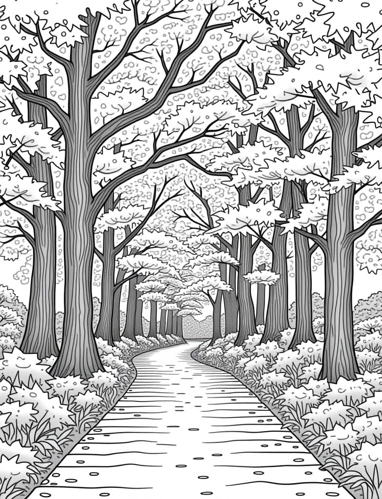  a pathway through a forest covered with autumn leaves, black and white line art on a white background, for an adult coloring page.