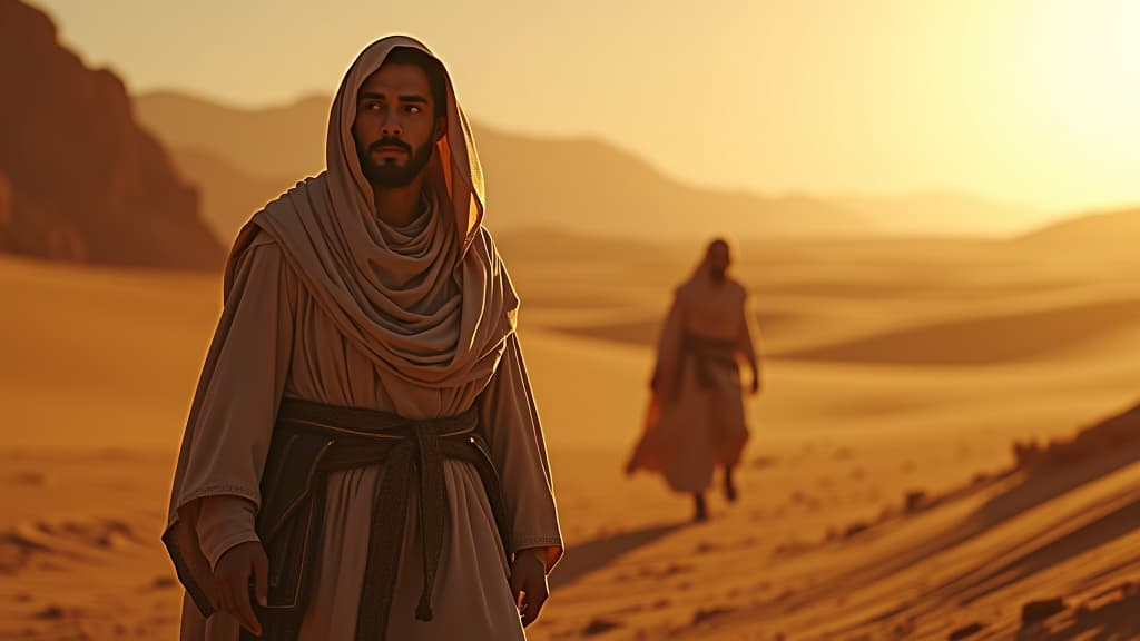  history of biblical times, hagar and ishmael, banished into the desert, depicted with sorrow yet resilience amid the harsh landscape. hyperrealistic, full body, detailed clothing, highly detailed, cinematic lighting, stunningly beautiful, intricate, sharp focus, f/1. 8, 85mm, (centered image composition), (professionally color graded), ((bright soft diffused light)), volumetric fog, trending on instagram, trending on tumblr, HDR 4K, 8K