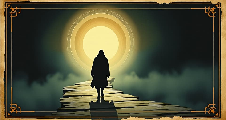  a determined figure walking a path illuminated by divine light, shadows receding with each step, purpose, divine guidance, journey. an illustration in the style of a worn, mystical old tarot trump card, mysterious and elements of surrealism. the colors are muted, somber and eerie, but with contrast bring out an occult and esoteric vibe.