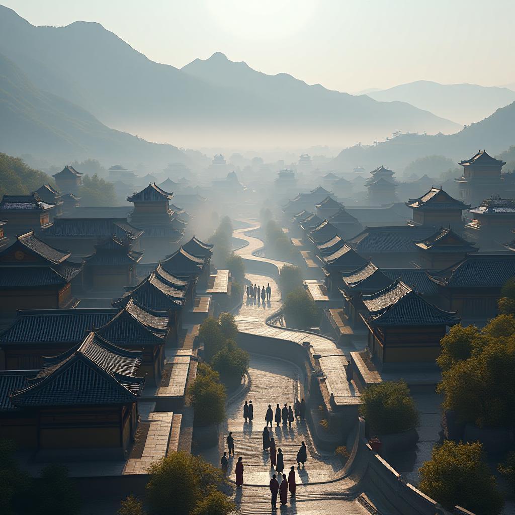  a visual of what a place in northwestern china looked like during the qin dynasty. the visual should include a lot of historical and cultural elements. it should also be a city view. hyperrealistic, full body, detailed clothing, highly detailed, cinematic lighting, stunningly beautiful, intricate, sharp focus, f/1. 8, 85mm, (centered image composition), (professionally color graded), ((bright soft diffused light)), volumetric fog, trending on instagram, trending on tumblr, HDR 4K, 8K