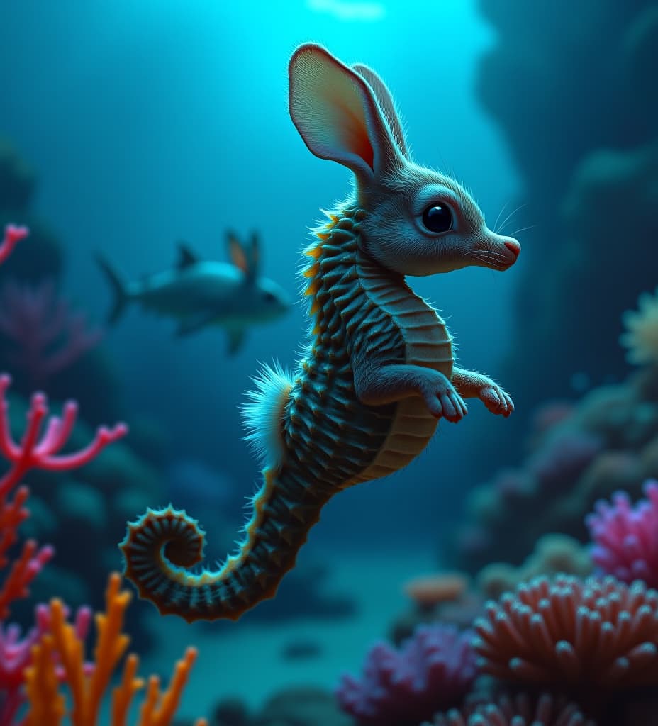  a bunny riding a seahorse under the water. coral reef. a shark lurking in the background barely visible. night time. photoreal. intricate details.