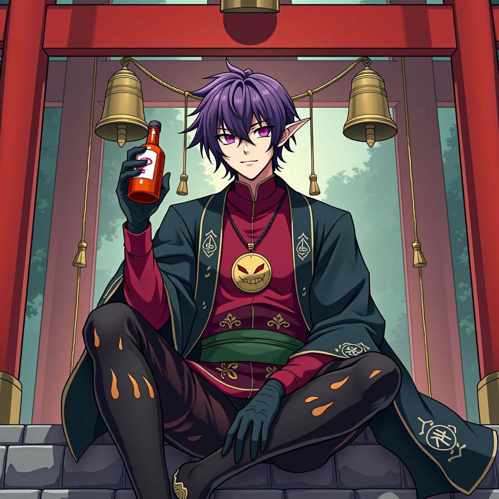  manga style ringo sits on the high red gate theories on which thin ropes hang bells in front of the shinto temple in ringo's left hand holds the full sake grand pial ringo doctor who wears black latex medical gloves is depicted in full growth a young mature dark male elf with marble white skin, purple scarlet hair, ringo wears a disheveled hairstyle of medium length, pointed ear tips, lavender red eyes, wears a burgundy shirt with gold embroidery, in addition, he wears a black doctor's robe of snake skin with silver embroidery in the form of flames on his legs, and wears a medium sized ribboned skin. around his neck is a gold chain with a medium sized gold medallion. the medallion depicts an angry smirking fox face, ringo has a relative,