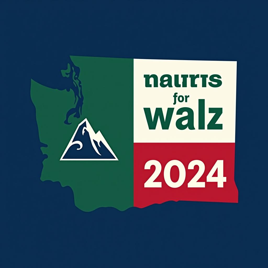  a tshirt design inspired by the washington state flag. the left side features a green vertical stripe with a large mountain in the center. the right side is divided into two horizontal sections: the top section is white with the text 'washington for' in bold, green, uppercase letters, and the bottom section is red with the text 'harris walz 2024' in bold, white, uppercase letters. the overall layout is clean and straightforward, with a clear and patriotic color scheme of blue, white, and red.