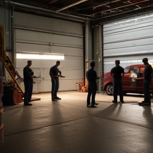 A photo of a small crew of mechanics inspecting a garage door in an industrial warehouse setting during early evening with warm, dramatic lighting.