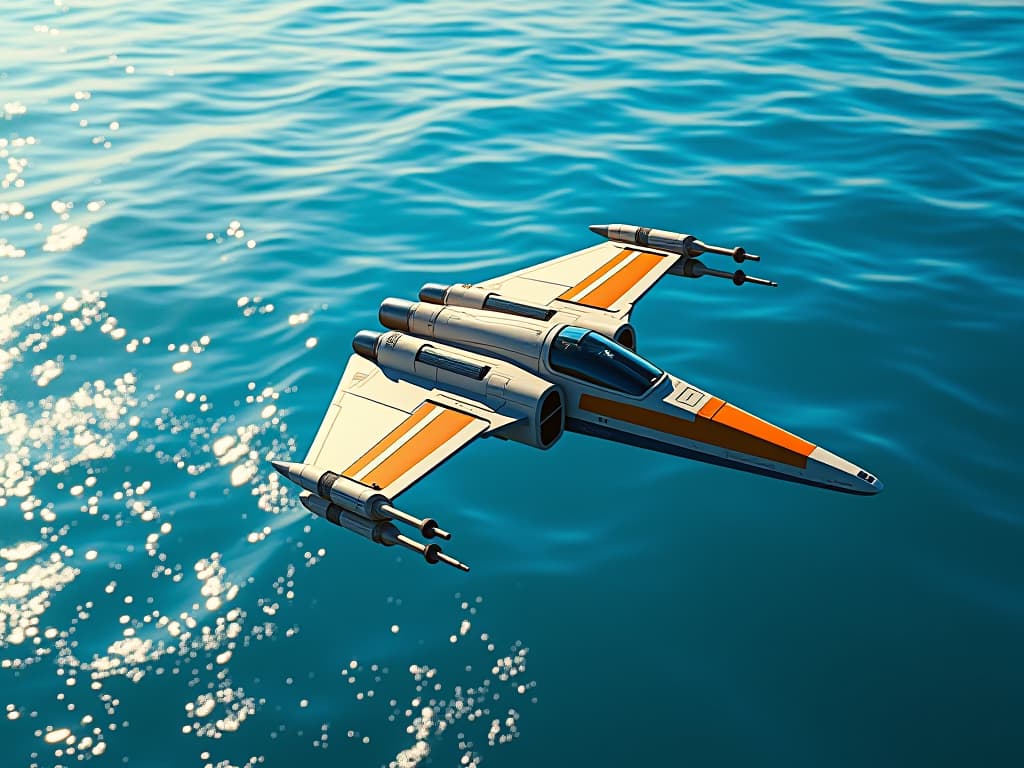  a breathtaking scene of a sunny day where the horizon meets the vibrant blue ocean, creating a striking backdrop. in this ultra realistic depiction, a sleek naboo starfighter is gracefully soaring across the sea, its shimmering golden and blue panels catching the sunlight. one wing dips slightly into the sparkling water below, sending gentle ripples outward. the starfighter is angled away from the viewer, skewing to the left as it glides effortlessly through the sky. the scene is filled with vivid colors, emphasizing the contrast between the cerulean sea, the bright sunlit sky, and the intricate details of the spacecraft, capturing the essence of adventure in a photorealistic style. ultra realistic, hypperrealistic, 4k, 8k hyperrealistic, full body, detailed clothing, highly detailed, cinematic lighting, stunningly beautiful, intricate, sharp focus, f/1. 8, 85mm, (centered image composition), (professionally color graded), ((bright soft diffused light)), volumetric fog, trending on instagram, trending on tumblr, HDR 4K, 8K