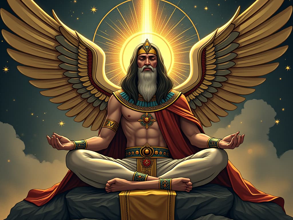  st. seraphim in a meditative pose, radiant with enlightenment, surrounded by ancient symbols, conveying the peace and wisdom found in solitude. the style is digital art illustration / modern comic book / mysterious occult, symbolic, esoteric vibe,high detail on character design, incorporating ancient egyptian symbology and attire.