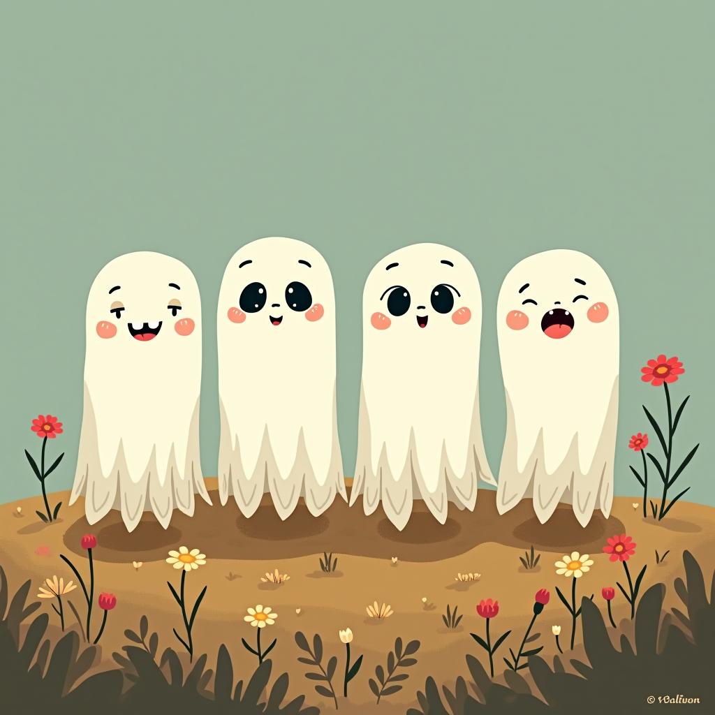  create a digital illustration featuring a row of four or five cute, cartoonish ghost characters, each with a different appearance, standing in different positions within sparse, life like wildflowers.