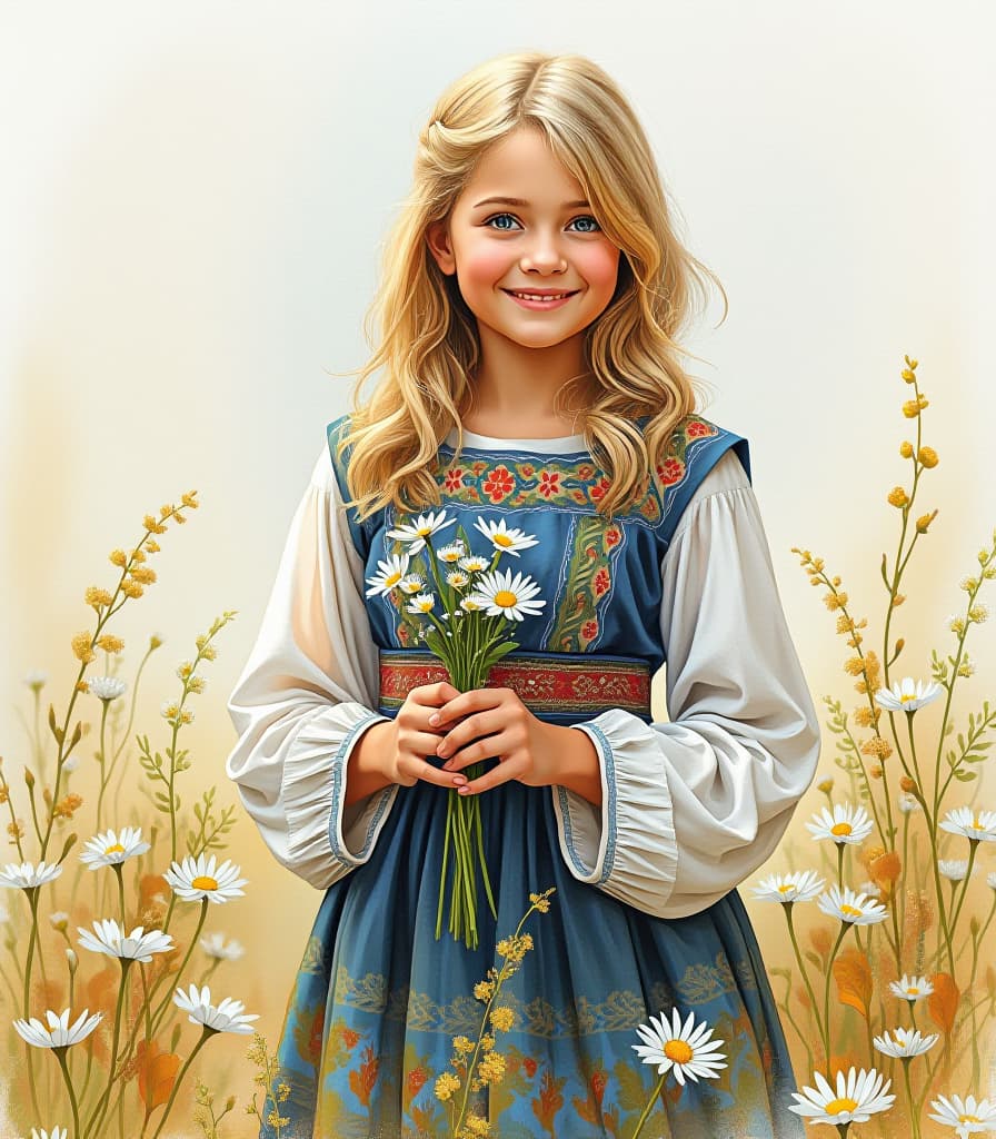  watercolor painting painting. painting with watercolor. (indian summer. beautiful blonde girl in russian national dress, smiling, holding in her hands daisies field small, pharmacopoeial, a small bouquet:1.5). watercolor style by sergei andriyaki. high detail, high definition, high resolution. leaks. spots. . vibrant, beautiful, painterly, detailed, textural, artistic