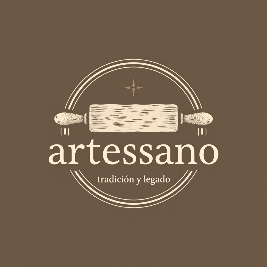  design a logo, in a pencil style. “artessano” simple and elegant design circular design light and brown tones use a rolling pin image , with the text 'tradición y legado'.