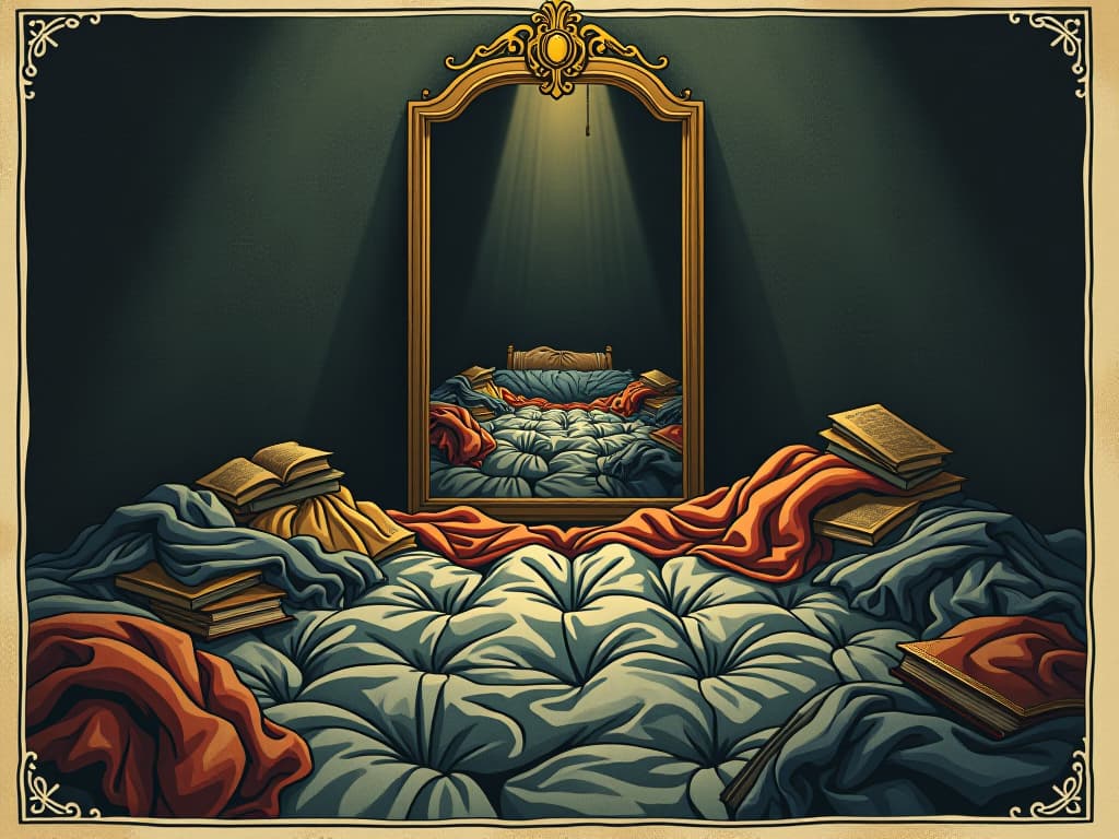  a mirror facing a cluttered bed, reflecting scattered clothes and books, chaotic aura surrounding the mirror, dim lighting, heavy and disorganized. an illustration in the style of a worn, mystical old tarot trump card, mysterious and elements of surrealism. the colors are muted, somber and eerie, but with contrast bring out an occult and esoteric vibe.