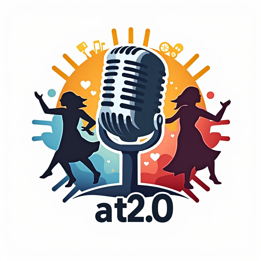  design a logo, can you suggest me a logo including including symbols of podcast, dance & information for my youtube channel ‘at2.0’. pls share some pictures, with the text 'at2.0'.