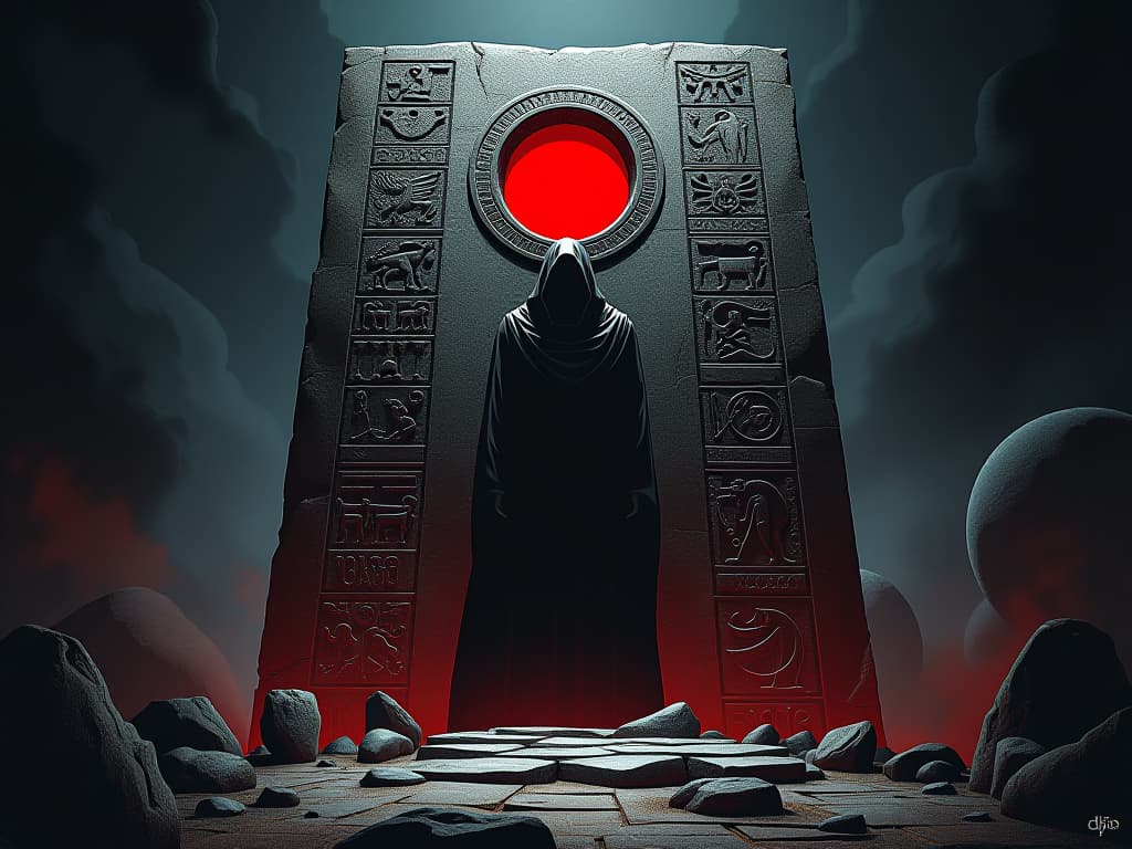  ancient stone slab, hieroglyphs of history, heavy and oppressive, atmosphere of ancestral weight. the style is digital art illustration / modern comic book / graphic dark novel fantasy and mysterious occult, symbolic, moody lighting, esoteric vibe,high detail on character design. for the color scheme emphasize blacks and reds.