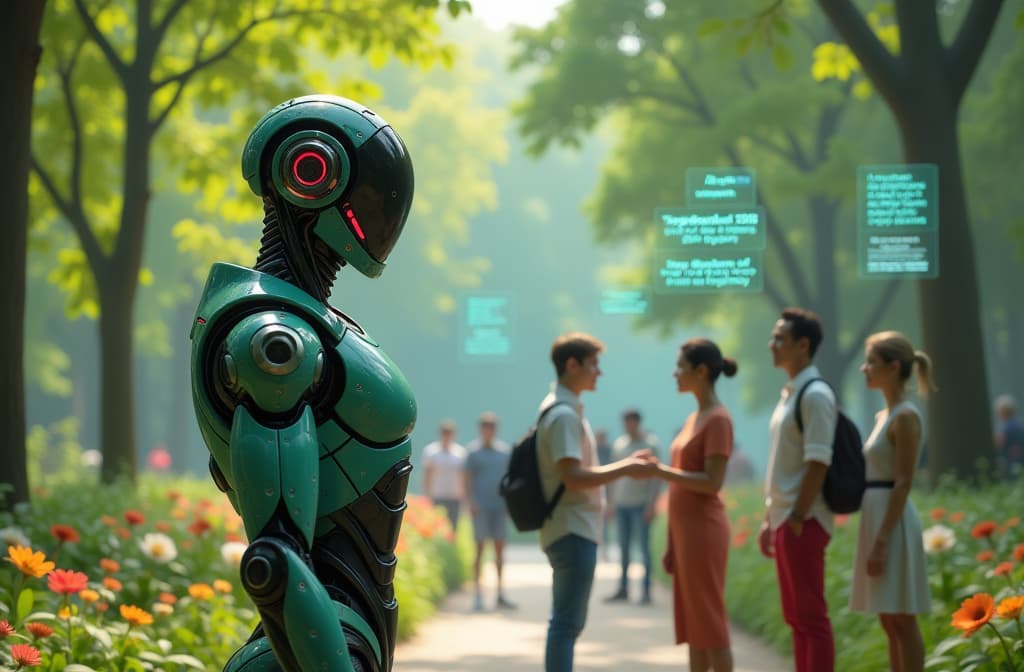  "create a futuristic scene featuring a sleek, humanoid robot with deep green and earthy red tones reminiscent of jasper stone. the robot is engaging in a conversation with a diverse group of people in a serene park, surrounded by lush greenery and colorful flowers. the backdrop should include digital elements like holographic displays and floating text bubbles that symbolize communication, blending nature with advanced technology, evoking a sense of connection and harmony." hyperrealistic, full body, detailed clothing, highly detailed, cinematic lighting, stunningly beautiful, intricate, sharp focus, f/1. 8, 85mm, (centered image composition), (professionally color graded), ((bright soft diffused light)), volumetric fog, trending on instagram, trending on tumblr, HDR 4K, 8K