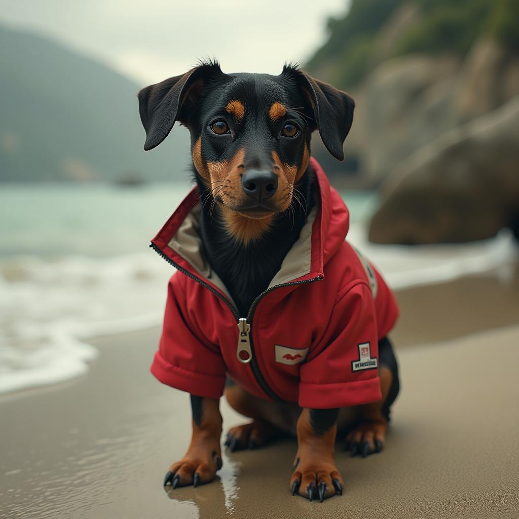  un perro salchicha de vacaciones hyperrealistic, full body, detailed clothing, highly detailed, cinematic lighting, stunningly beautiful, intricate, sharp focus, f/1. 8, 85mm, (centered image composition), (professionally color graded), ((bright soft diffused light)), volumetric fog, trending on instagram, trending on tumblr, HDR 4K, 8K