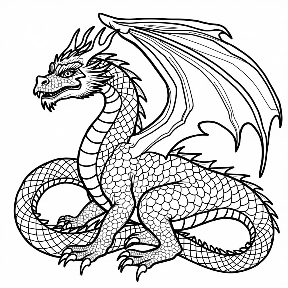  a coloring book page, white background, showing a dragon with intricate scales, powerful wings, and sharp claws, ready to be colored in