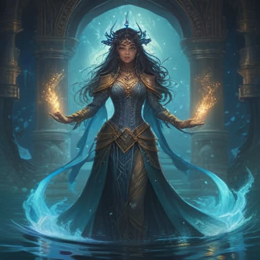 In a serene underwater palace, a powerful sorceress stands surrounded by swirling currents of water. She extends her hand, summoning three majestic sea creatures to her side. Each creature is adorned with intricate armor and glowing runes, ready to defend their summoner. The water around them shimmers with a magical glow, reflecting the sorceress's power and determination. The scene is both beautiful and foreboding, capturing the essence of Triple Summon in all its glory. fantastical creatures or characters inspired by mythology, folklore, or popular culture. use vibrant colors, sharp lines, intricate details, dynamic poses, dramatic lighting, atmospheric backgrounds, and blend anime, manga, and Western comic influences.