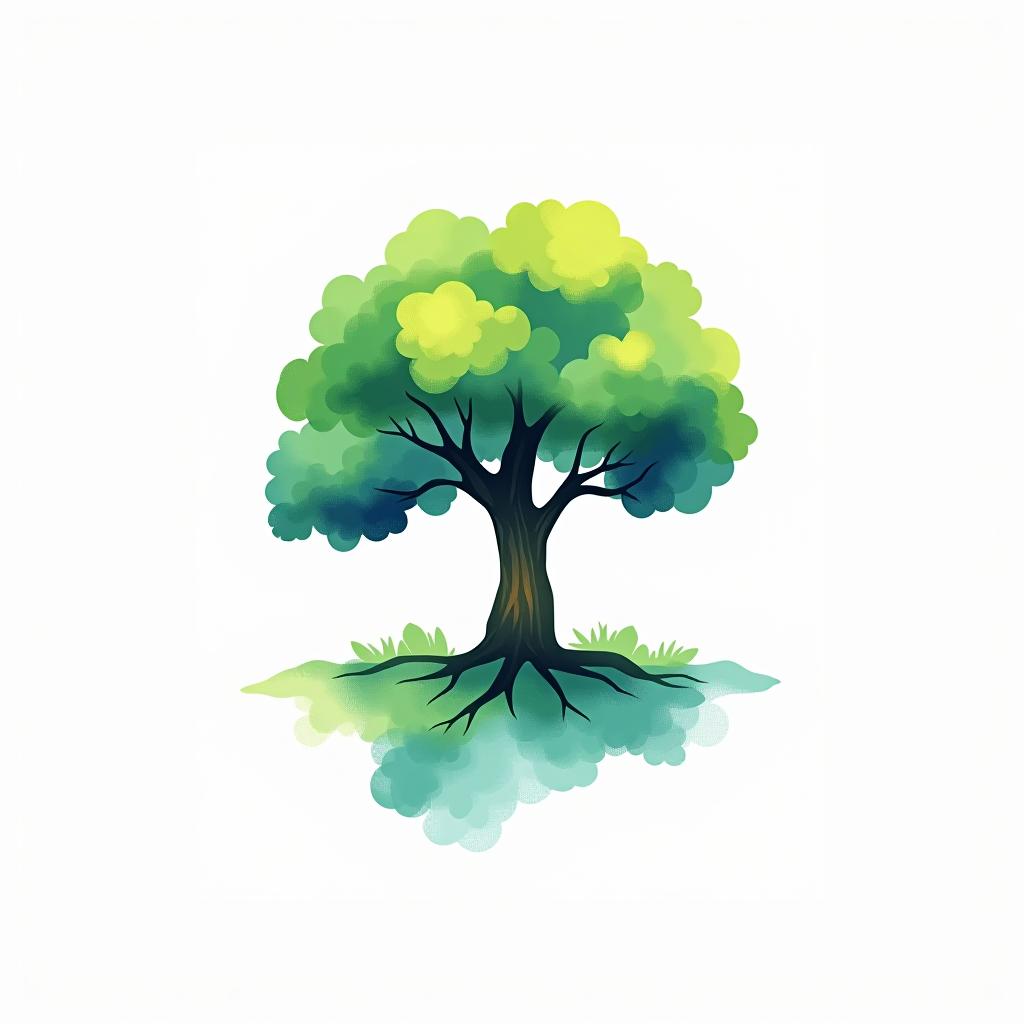  design a logo, style aquarelle, logo d'un arbre, vert et bleu