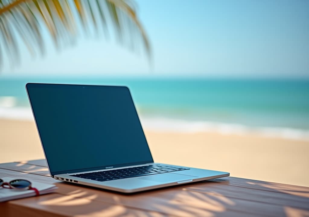  summer break on laptop notebook computer, office job work holiday or vacation concept, weekend travel, rest and relax on the beach, day off, desk workplace