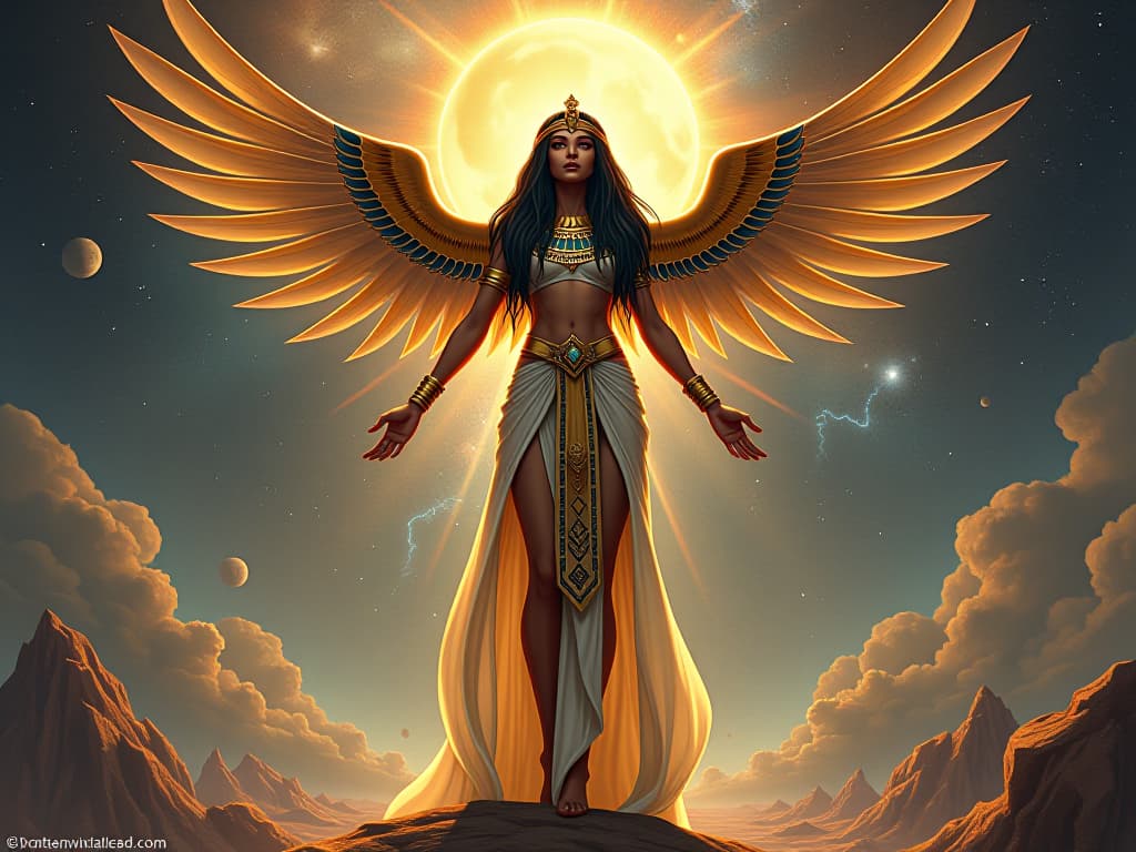  a cosmic scene where the ornate figure of nut, the egyptian sky goddess in a tight, celestial robe, arches over the universe, symbolizing expanded awareness beyond physical form. the style is digital art illustration / modern comic book / mysterious occult, symbolic, esoteric vibe,high detail on character design, incorporating ancient egyptian symbology and attire.