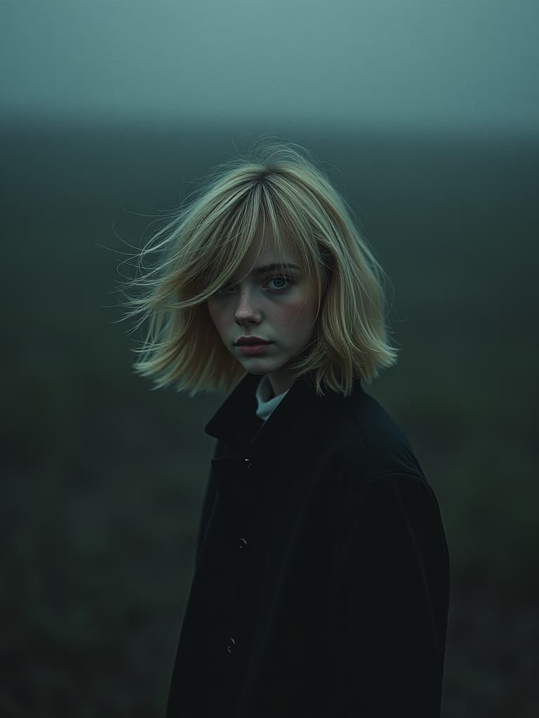  xxmix girl,1girl,fluffyshorthair,darktheme,blondehair,messyhair,filmgrain,fog,blackthememtyndall