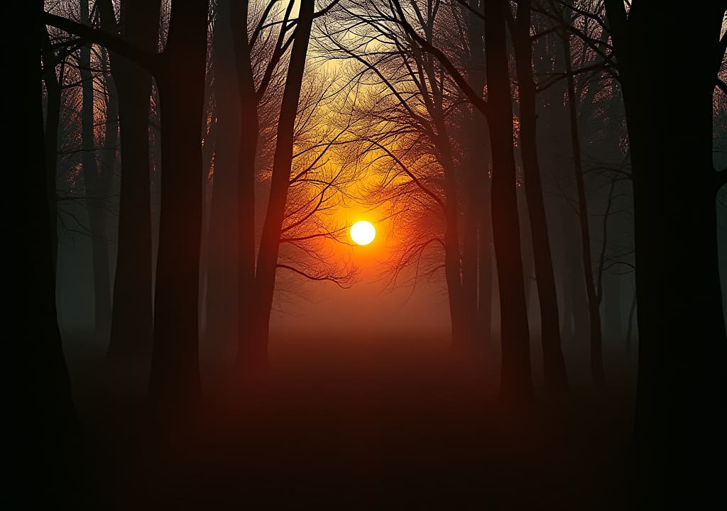  wide total shot, camera is far away, dark fantasy look, sunset light, sun is shinig through trees