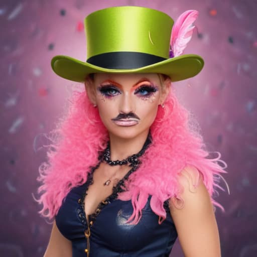 Drag queen flamingo chartreuse pink feathers cowboy boots magician top hat navy uniform mustache