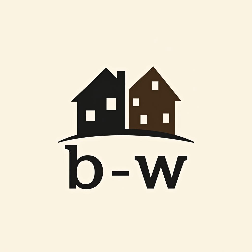  design a logo, estilo minimalista, combinación de título, logo con figuras de casas, arquitectura, construcción, home, house , with the text 'b w'.