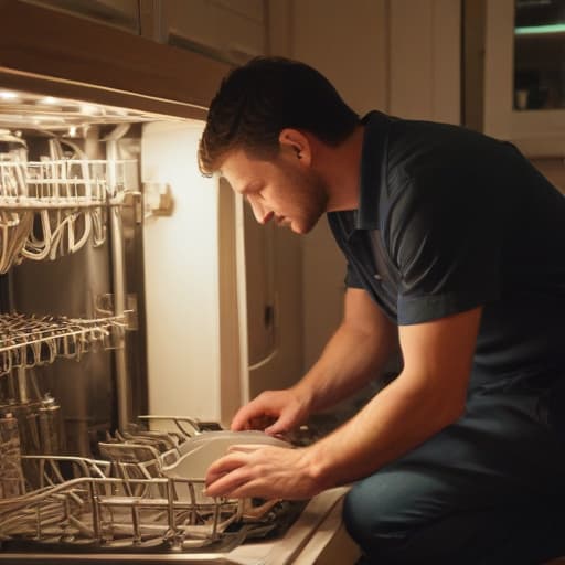 A photo of a skilled technician repairing a malfunctioning dishwasher in a cozy kitchen during early evening with warm ambient lighting.