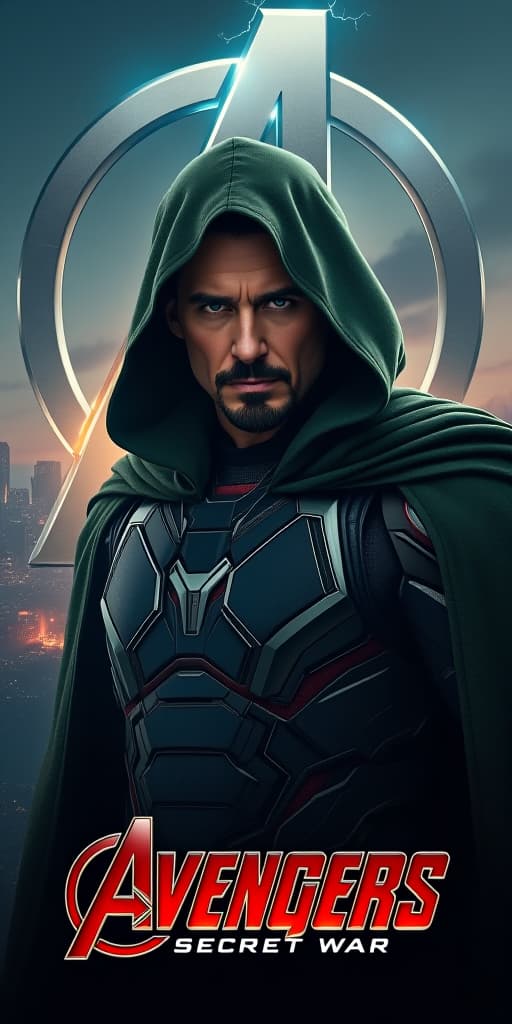  good quality, high quality, a hyper realistic movie poster for "avengers secret war" starring tom cruise as unlimate iron man. he is depicted with a sinister expression, wearing a heavily armored, dark green cloak. the background shows a war torn city in shadows, with the avengers logo partially illuminated by crackling energy.