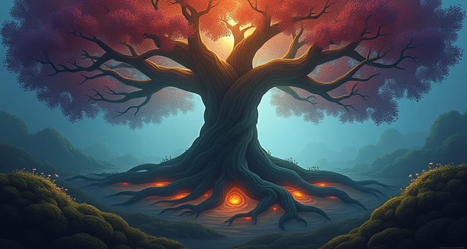  hidden, glowing roots of a great, ancient tree extending deep into the earth. above, a vast enchanted garden blossoms, symbolizing unseen strength.. the style is digital art illustration,highly detailed, whimsical,magical, dreamlike atmosphere, realism and fantasy blend, smooth, glossy textures,luminous quality, wonder and enchantment.