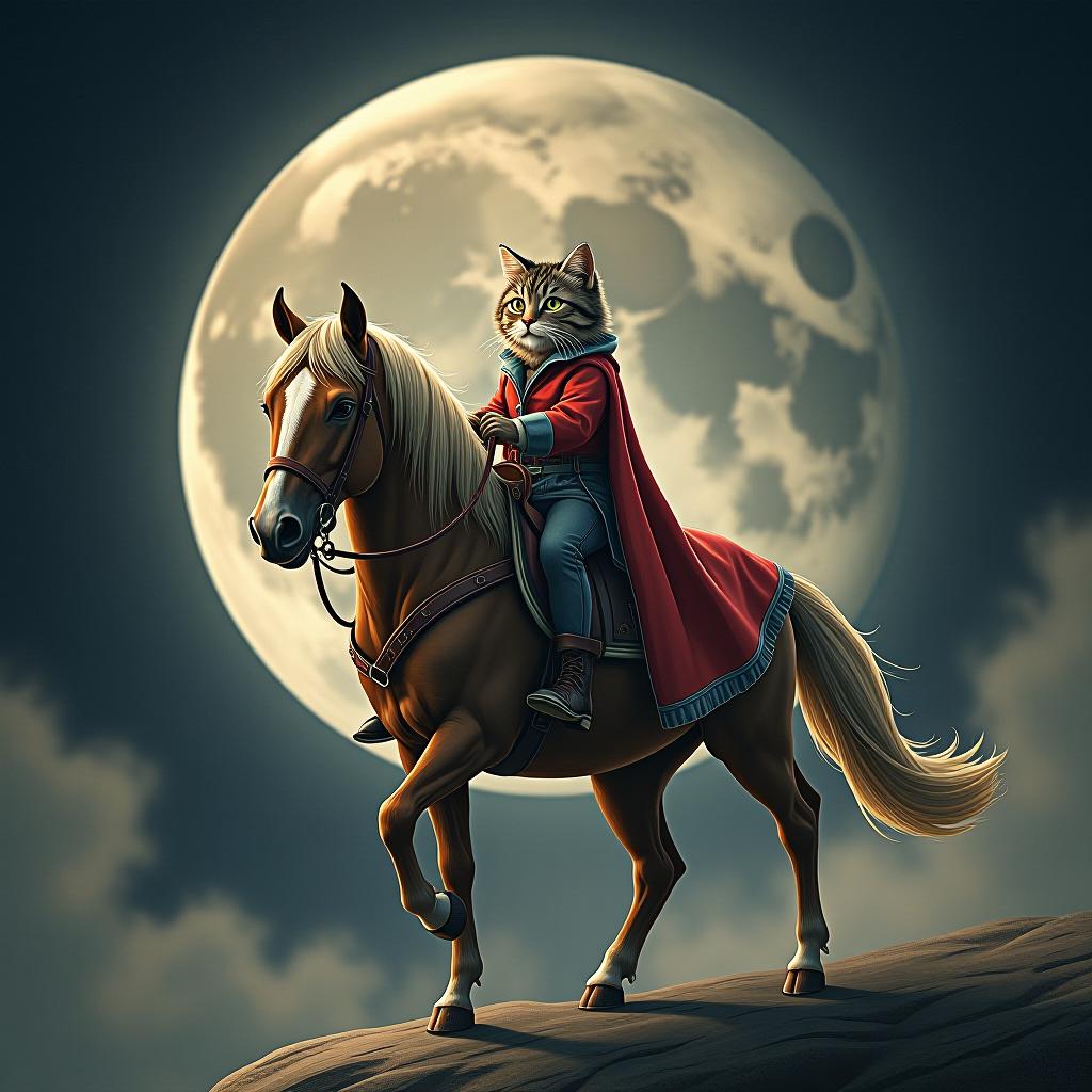  a cat riding a horse, hand drawn, on the moon, studio light, hdr 4k hyperrealistic, full body, detailed clothing, highly detailed, cinematic lighting, stunningly beautiful, intricate, sharp focus, f/1. 8, 85mm, (centered image composition), (professionally color graded), ((bright soft diffused light)), volumetric fog, trending on instagram, trending on tumblr, HDR 4K, 8K