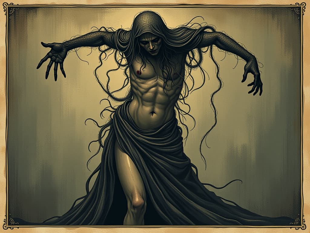  figure shedding a shadowy skin, tendrils of old skin falling away, new shining form emerging, painful but freeing, rebirth. an illustration in the style of a worn, mystical old tarot trump card, mysterious and elements of surrealism. the colors are muted, somber and eerie, but with contrast bring out an occult and esoteric vibe.