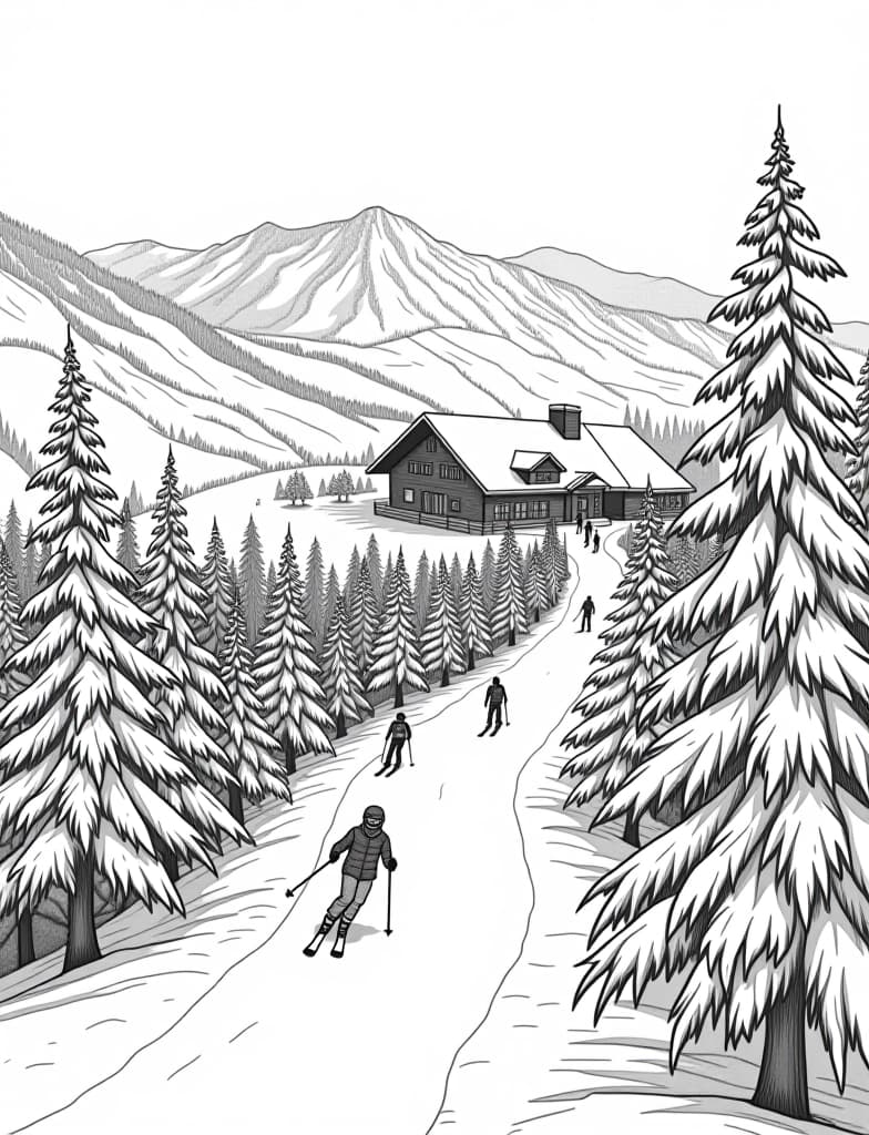  this is for an adult coloring page. a detailed black and white line art of a snowy ski resort with skiers coming down the slopes on a solid white background.