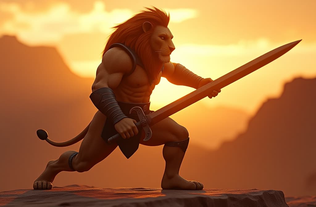  lion o is the leader and the hereditary lord of the thundercats, lion o is based on the lion and wields the legendary sword of omens, which is able to fire bolts of energy and allows lion o to see across great distances with its power of sight beyond sight, as well as the claw shield, a gauntlet that launches grappling lines from its claws, octane render, 50mm, hero pose, a desert background, sunset, depth of field.. hyperrealistic, full body, detailed clothing, highly detailed, cinematic lighting, stunningly beautiful, intricate, sharp focus, f/1. 8, 85mm, (centered image composition), (professionally color graded), ((bright soft diffused light)), volumetric fog, trending on instagram, trending on tumblr, HDR 4K, 8K