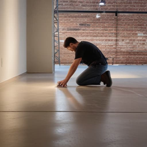 A photo of a skilled concrete artisan polishing a freshly laid floor in a contemporary loft space during early evening with soft, warm ambient lighting.