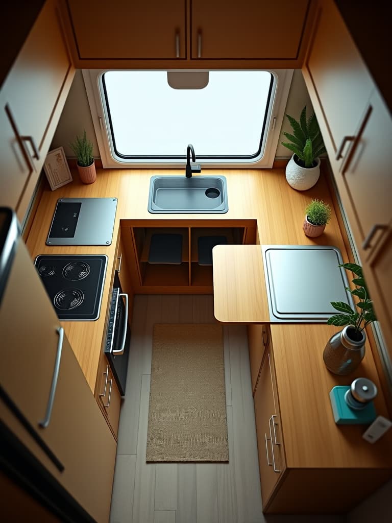  high quality portrait photo of an overhead view of a small l shaped kitchen with a fold down table attached to the wall, surrounded by compact appliances and hidden storage compartments hyperrealistic, full body, detailed clothing, highly detailed, cinematic lighting, stunningly beautiful, intricate, sharp focus, f/1. 8, 85mm, (centered image composition), (professionally color graded), ((bright soft diffused light)), volumetric fog, trending on instagram, trending on tumblr, HDR 4K, 8K